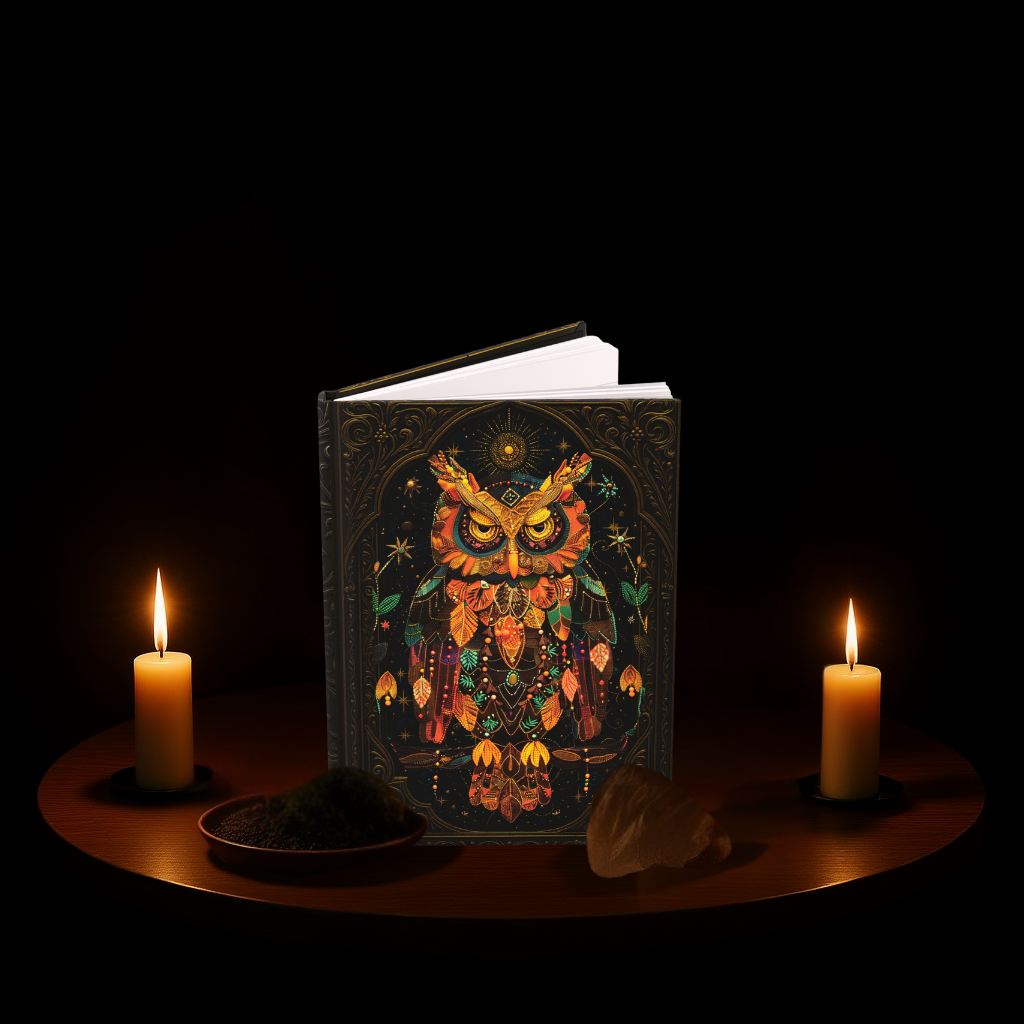 Mystical Owl Journal with Celestial Art – Hardcover Writing Notebook – Spiritual Boho Gift – Optional Personalized Back Cover