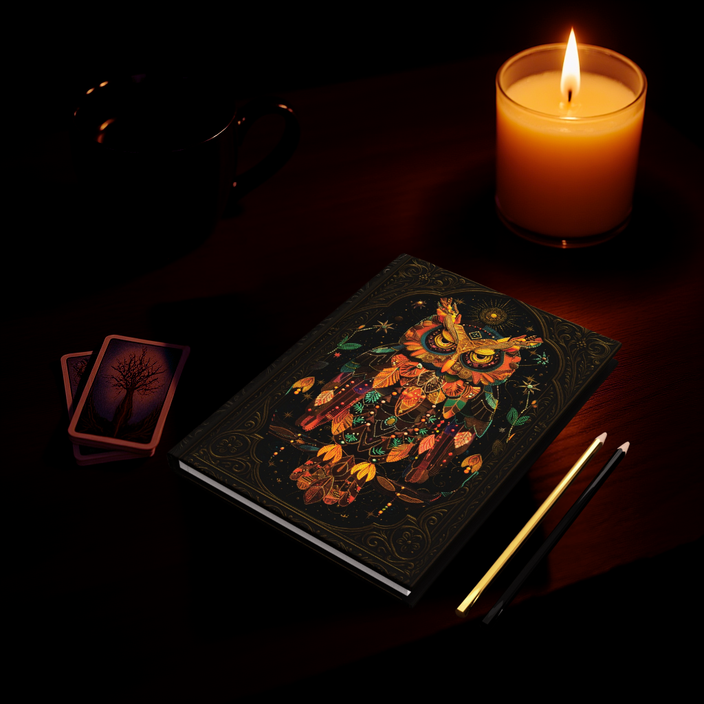Mystical Owl Journal with Celestial Art – Hardcover Writing Notebook – Spiritual Boho Gift – Optional Personalized Back Cover