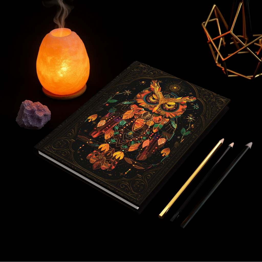 Mystical Owl Journal with Celestial Art – Hardcover Writing Notebook – Spiritual Boho Gift – Optional Personalized Back Cover