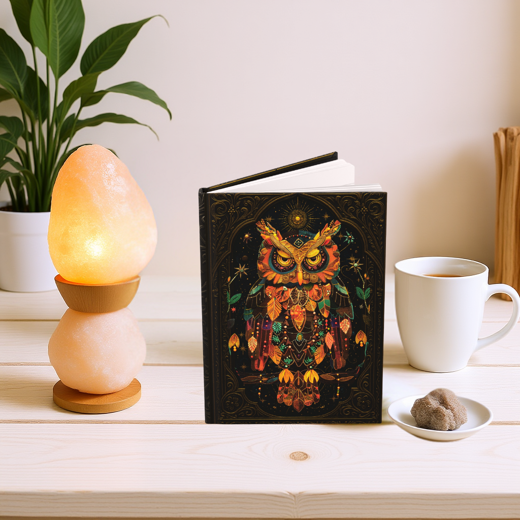 Mystical Owl Journal with Celestial Art – Hardcover Writing Notebook – Spiritual Boho Gift – Optional Personalized Back Cover