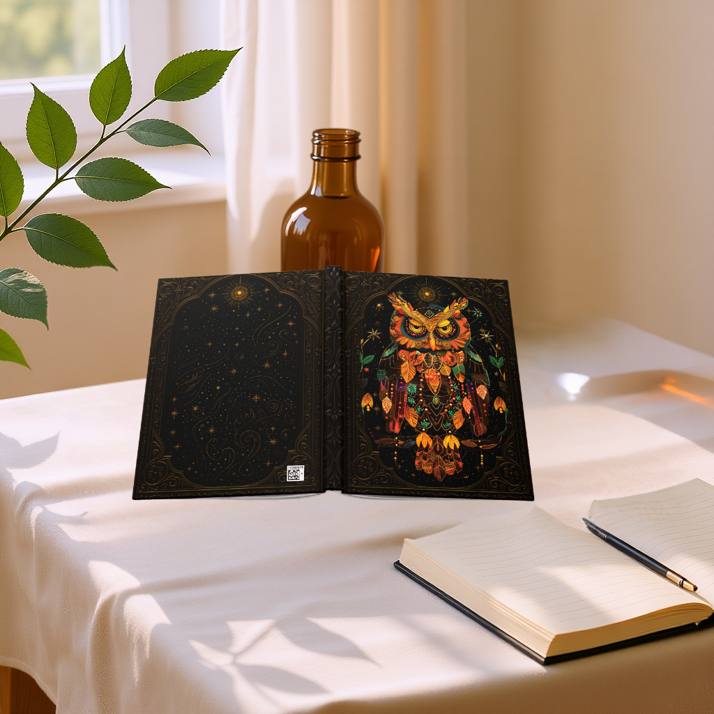 Mystical Owl Journal with Celestial Art – Hardcover Writing Notebook – Spiritual Boho Gift – Optional Personalized Back Cover