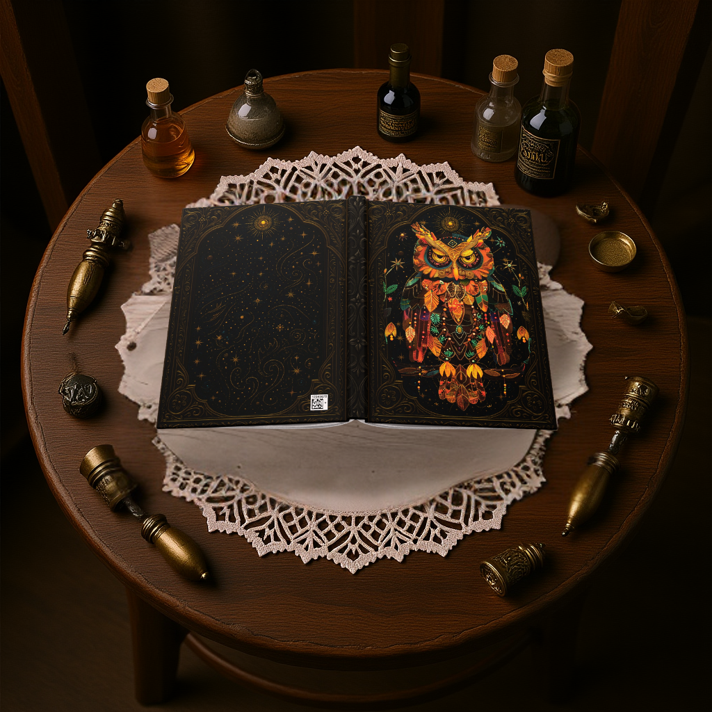Mystical Owl Journal with Celestial Art – Hardcover Writing Notebook – Spiritual Boho Gift – Optional Personalized Back Cover