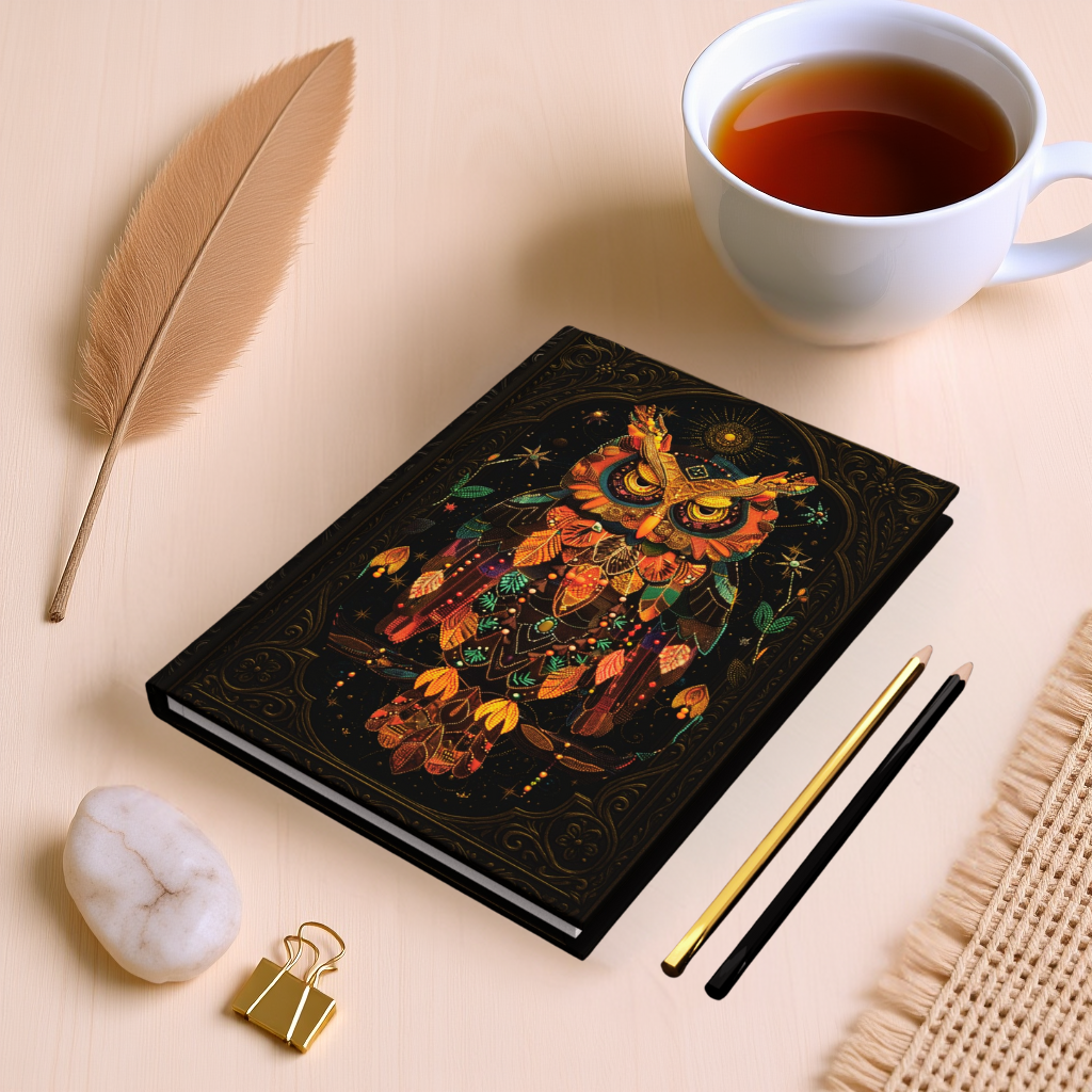 Mystical Owl Journal with Celestial Art – Hardcover Writing Notebook – Spiritual Boho Gift – Optional Personalized Back Cover