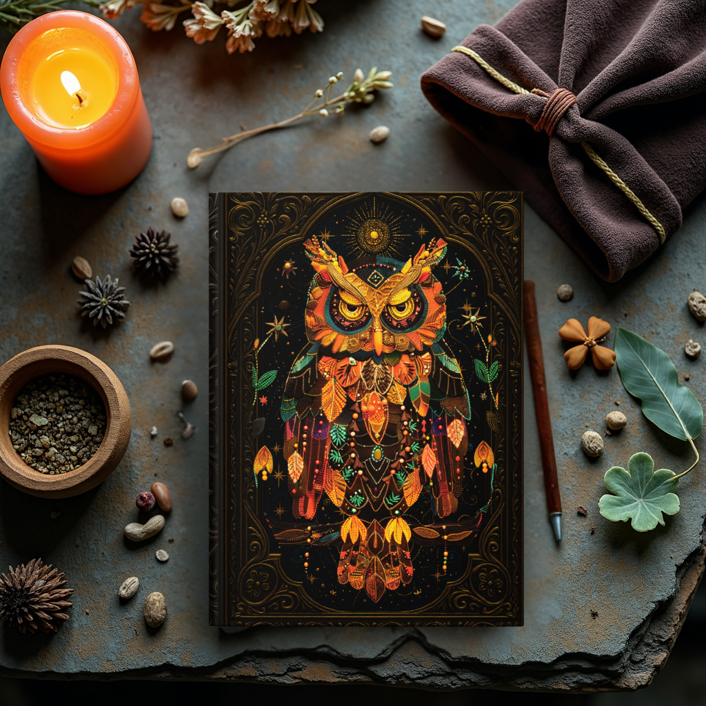 Mystical Owl Journal with Celestial Art – Hardcover Writing Notebook – Spiritual Boho Gift – Optional Personalized Back Cover
