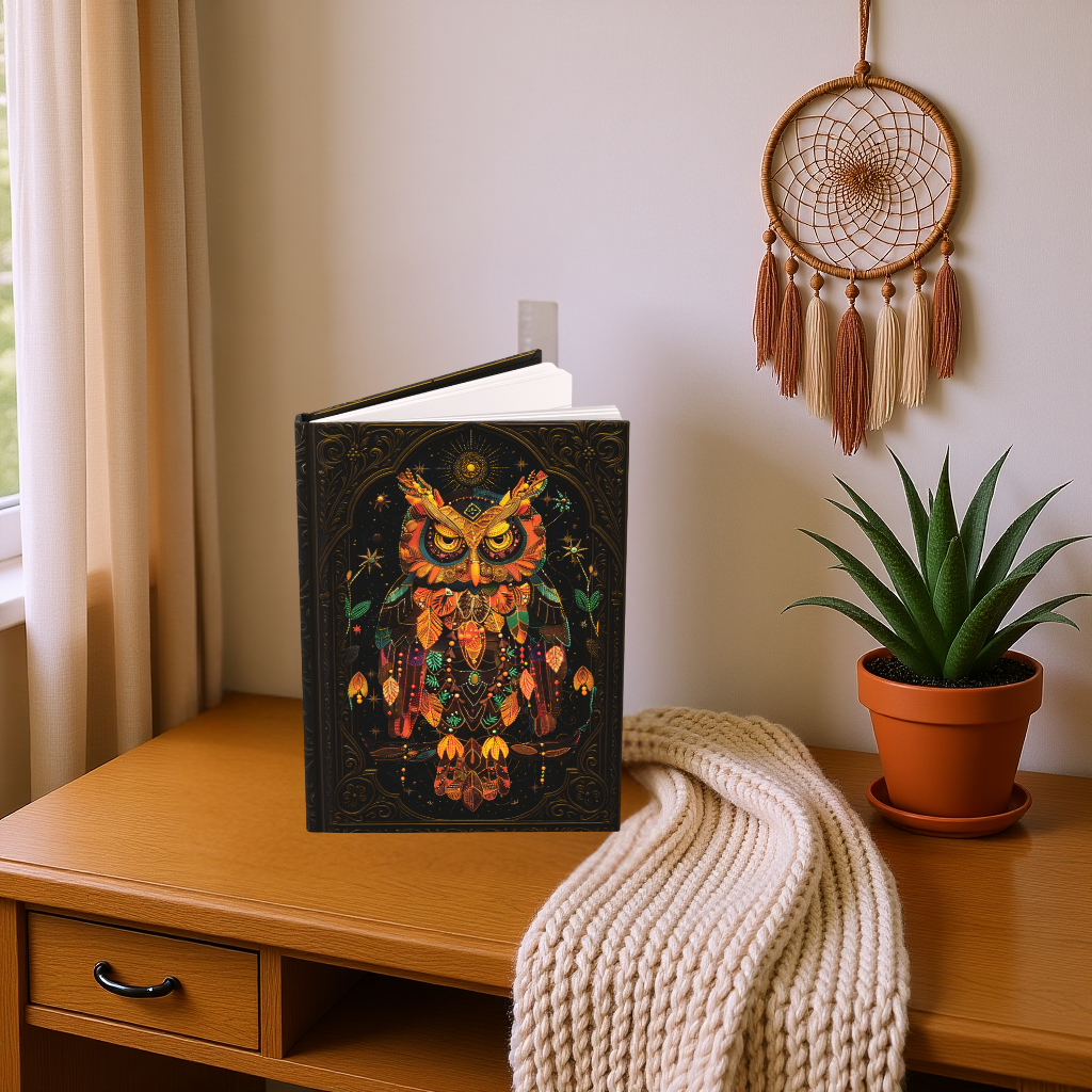 Mystical Owl Journal with Celestial Art – Hardcover Writing Notebook – Spiritual Boho Gift – Optional Personalized Back Cover