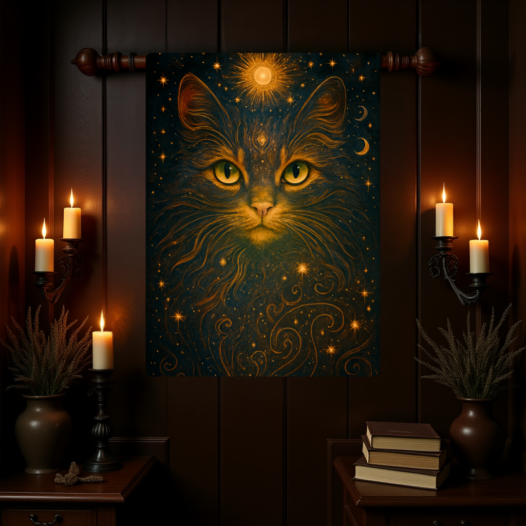Celestial Cat Woven Tapestry – Mystical Wall Art for Boho, Gothic, and Astrology-Inspired Spaces