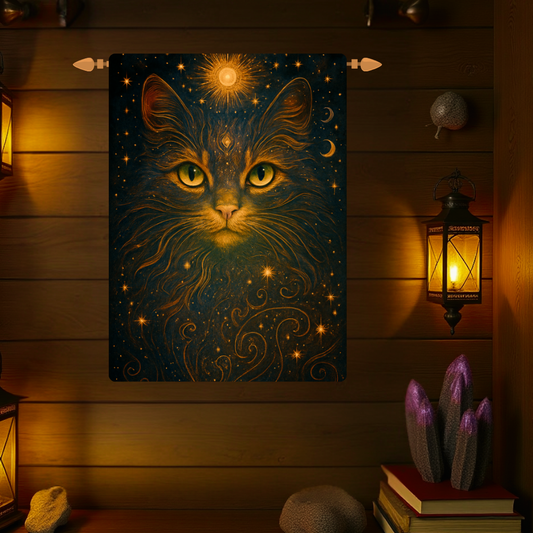 Celestial Cat Woven Tapestry – Mystical Wall Art for Boho, Gothic, and Astrology-Inspired Spaces