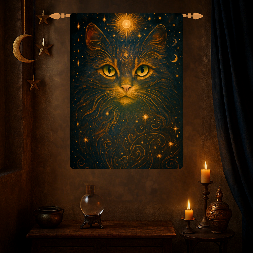 Celestial Cat Woven Tapestry – Mystical Wall Art for Boho, Gothic, and Astrology-Inspired Spaces