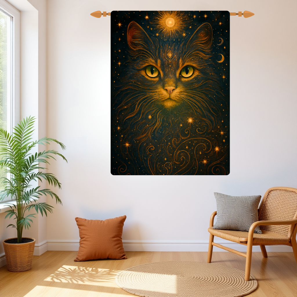 Celestial Cat Woven Tapestry – Mystical Wall Art for Boho, Gothic, and Astrology-Inspired Spaces