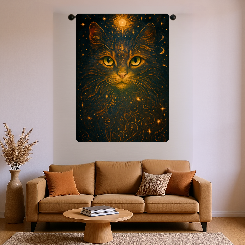 Celestial Cat Woven Tapestry – Mystical Wall Art for Boho, Gothic, and Astrology-Inspired Spaces