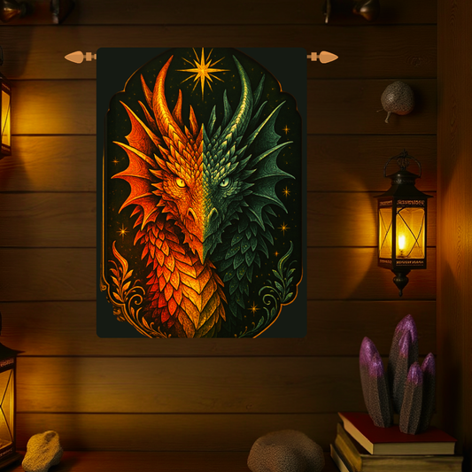 Dual Element Dragon Woven Wall Tapestry – Fire and Ice Decor, Mystical Boho Wall Hanging, Fantasy Gift, 26x36 Rod Pocket Tapestry