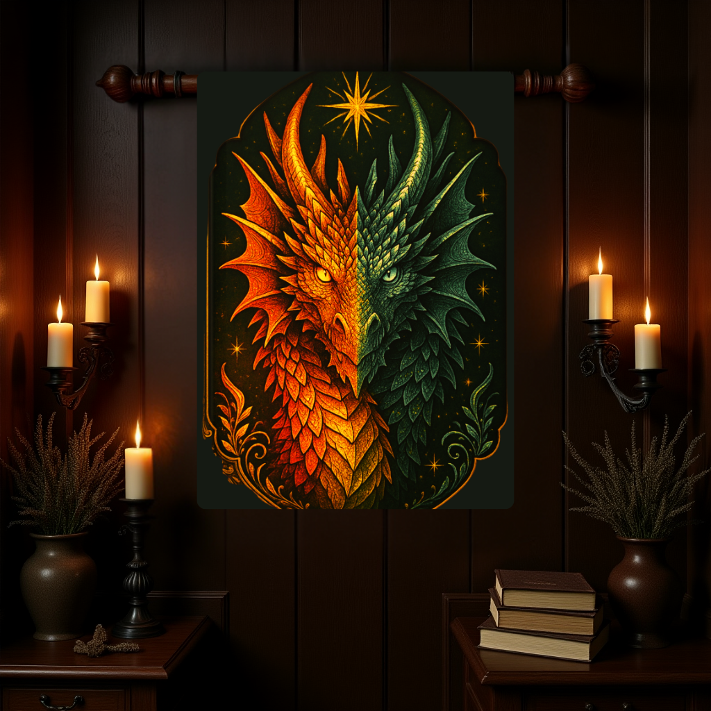 Dual Element Dragon Woven Wall Tapestry – Fire and Ice Decor, Mystical Boho Wall Hanging, Fantasy Gift, 26x36 Rod Pocket Tapestry