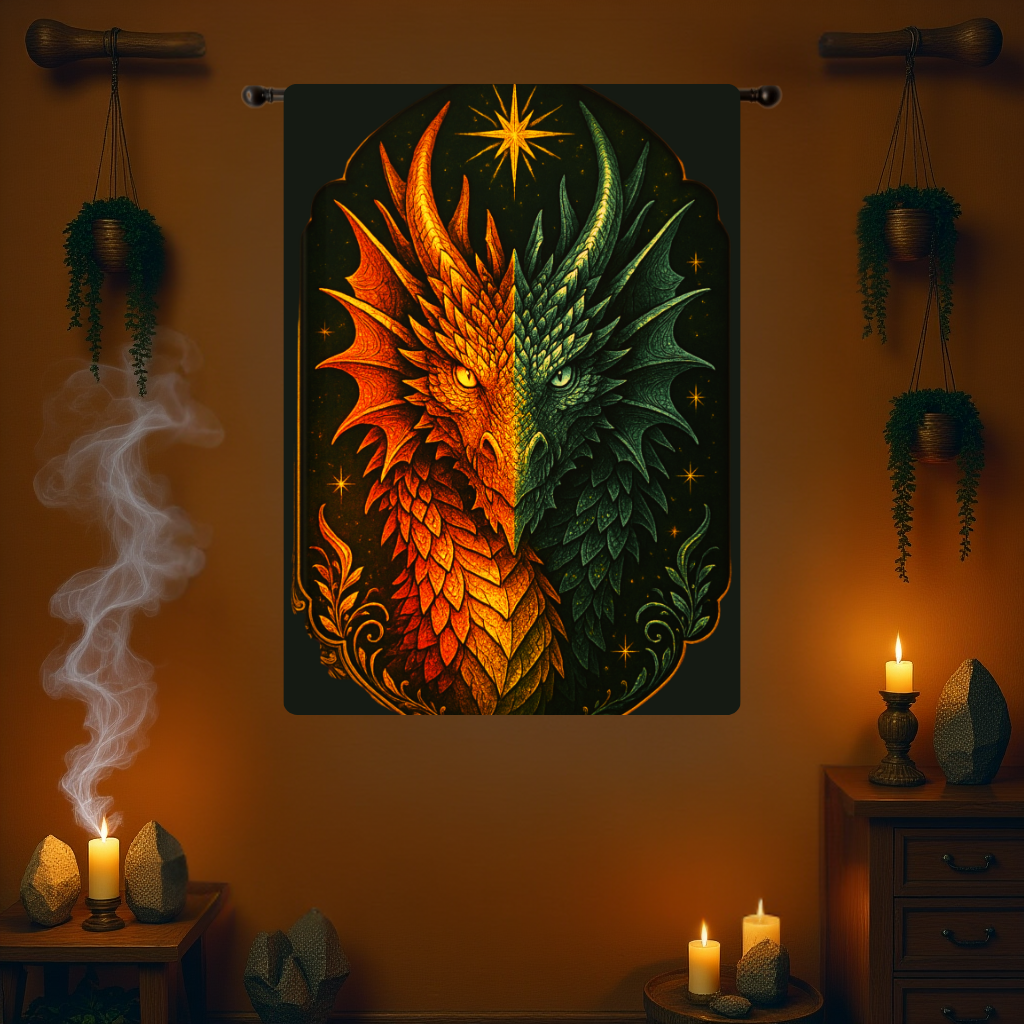 Dual Element Dragon Woven Wall Tapestry – Fire and Ice Decor, Mystical Boho Wall Hanging, Fantasy Gift, 26x36 Rod Pocket Tapestry