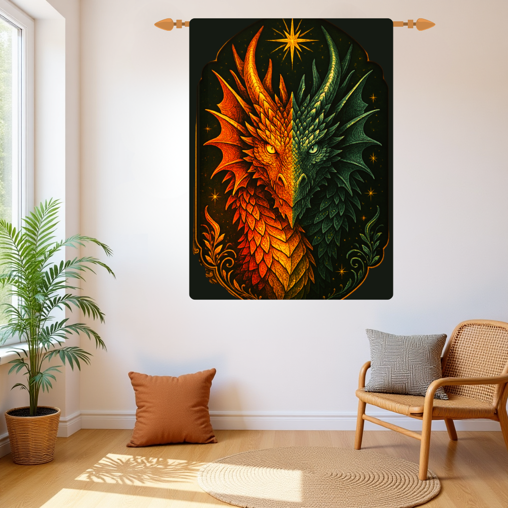 Dual Element Dragon Woven Wall Tapestry – Fire and Ice Decor, Mystical Boho Wall Hanging, Fantasy Gift, 26x36 Rod Pocket Tapestry