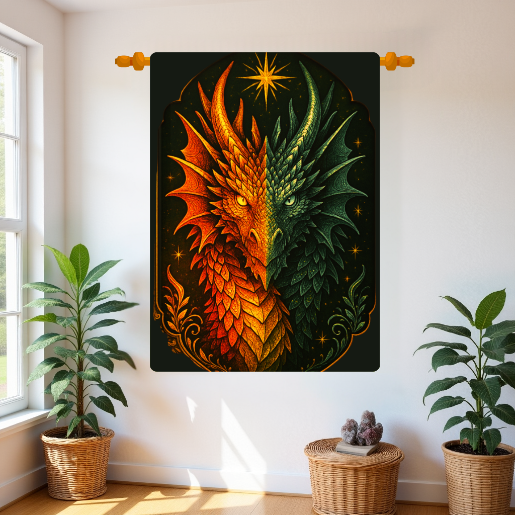 Dual Element Dragon Woven Wall Tapestry – Fire and Ice Decor, Mystical Boho Wall Hanging, Fantasy Gift, 26x36 Rod Pocket Tapestry