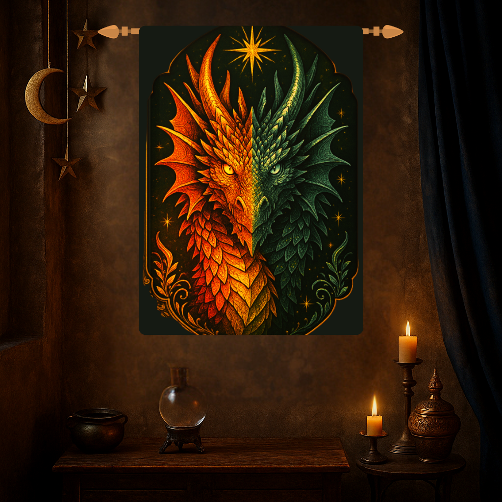 Dual Element Dragon Woven Wall Tapestry – Fire and Ice Decor, Mystical Boho Wall Hanging, Fantasy Gift, 26x36 Rod Pocket Tapestry