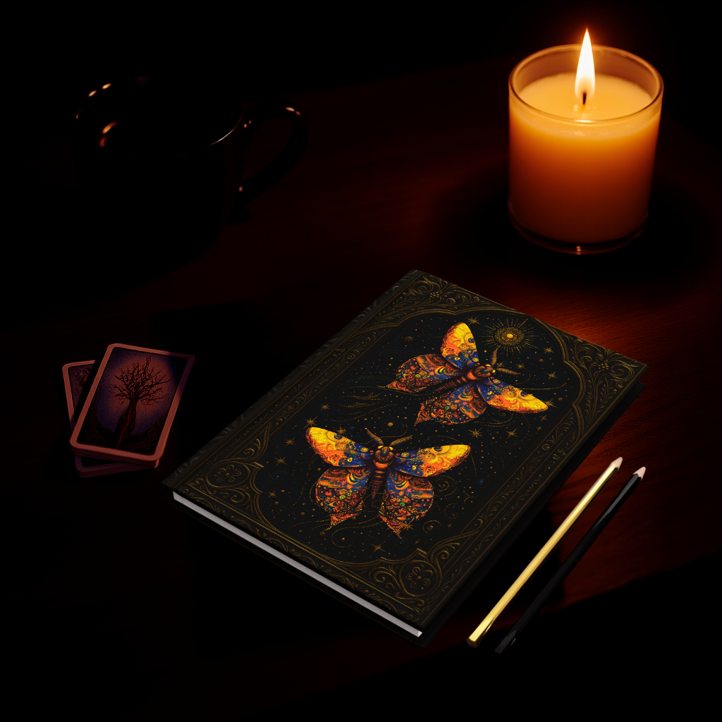 Celestial Moth Journal – Fantasy-Inspired Hardcover Diary, Cosmic Moth Notebook, Starry Night Sketchbook, Mystical Writing Journal, Boho Gothic
