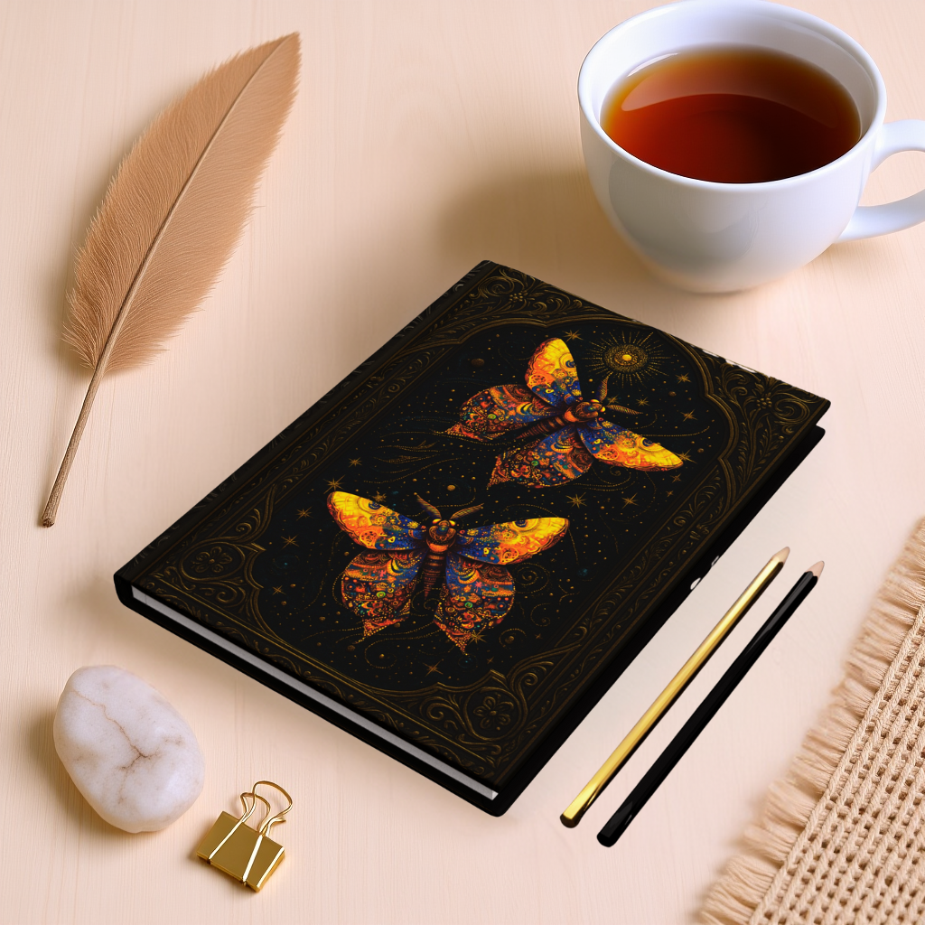 Celestial Moth Journal – Fantasy-Inspired Hardcover Diary, Cosmic Moth Notebook, Starry Night Sketchbook, Mystical Writing Journal, Boho Gothic