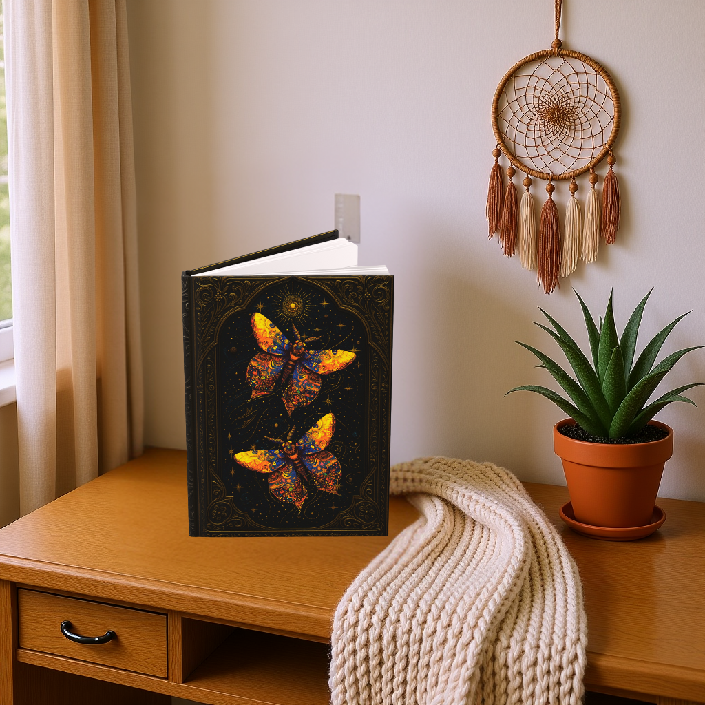 Celestial Moth Journal – Fantasy-Inspired Hardcover Diary, Cosmic Moth Notebook, Starry Night Sketchbook, Mystical Writing Journal, Boho Gothic