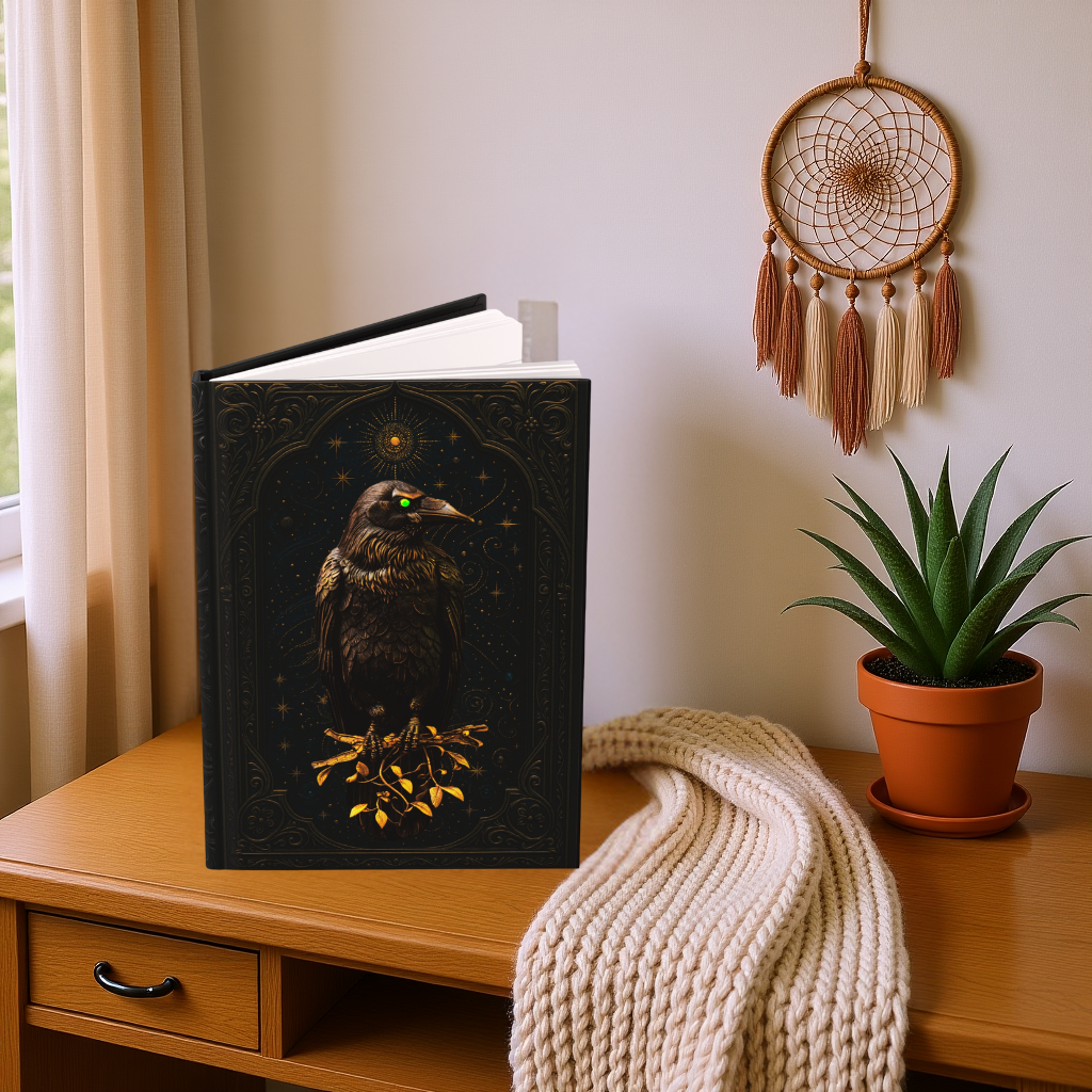 Hardcover Journal Matte - Raven Gothic Fantasy Celestial Crow Diary Mysterious Starry Night Sketchbook