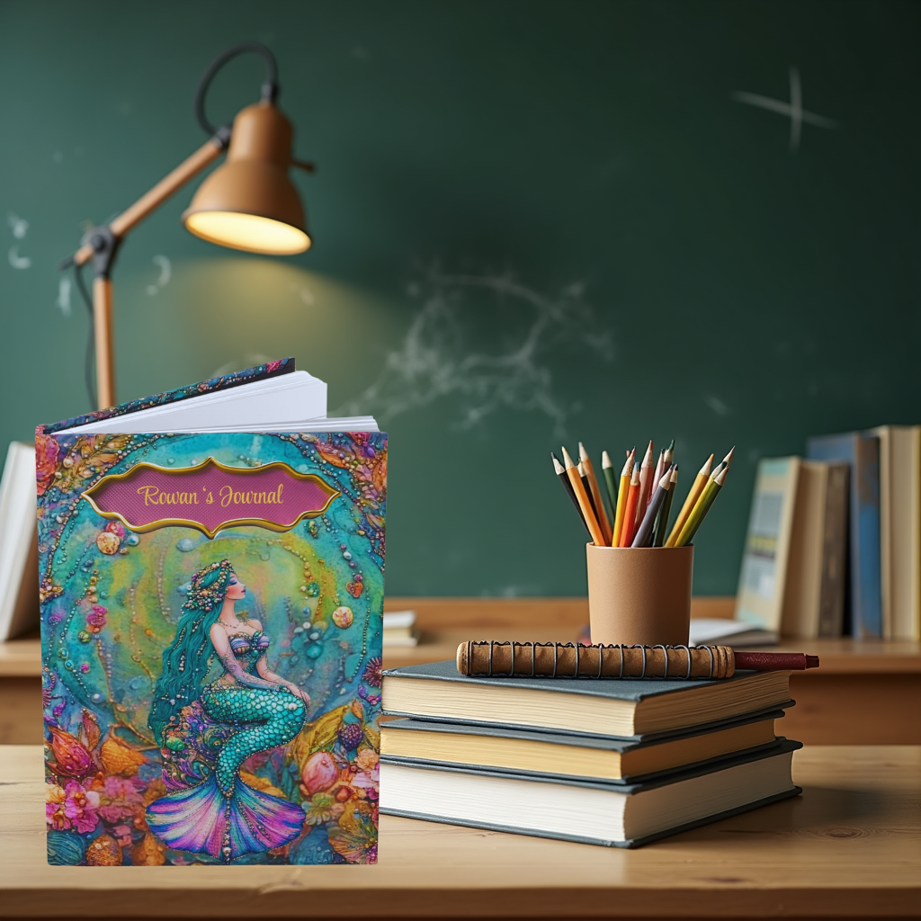 Beaded Mermaid Journal – Boho Ocean Fantasy Notebook, Coastal Writing Gift, Embossed-Look Sea Goddess Diary with Teal & Gold Accents