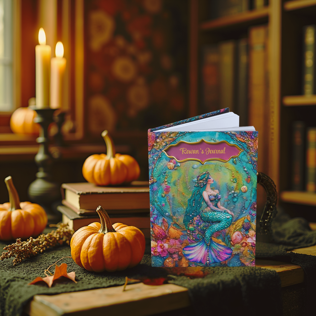 Beaded Mermaid Journal – Boho Ocean Fantasy Notebook, Coastal Writing Gift, Embossed-Look Sea Goddess Diary with Teal & Gold Accents