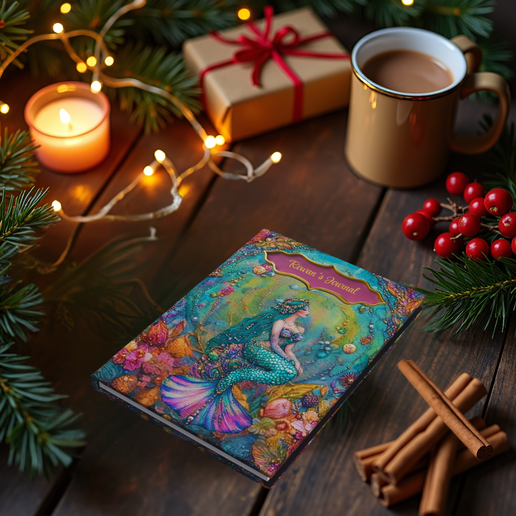 Beaded Mermaid Journal – Boho Ocean Fantasy Notebook, Coastal Writing Gift, Embossed-Look Sea Goddess Diary with Teal & Gold Accents