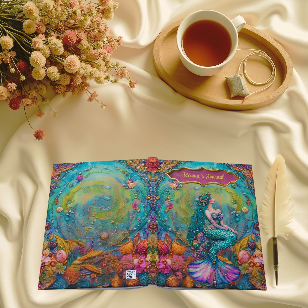 Beaded Mermaid Journal – Boho Ocean Fantasy Notebook, Coastal Writing Gift, Embossed-Look Sea Goddess Diary with Teal & Gold Accents