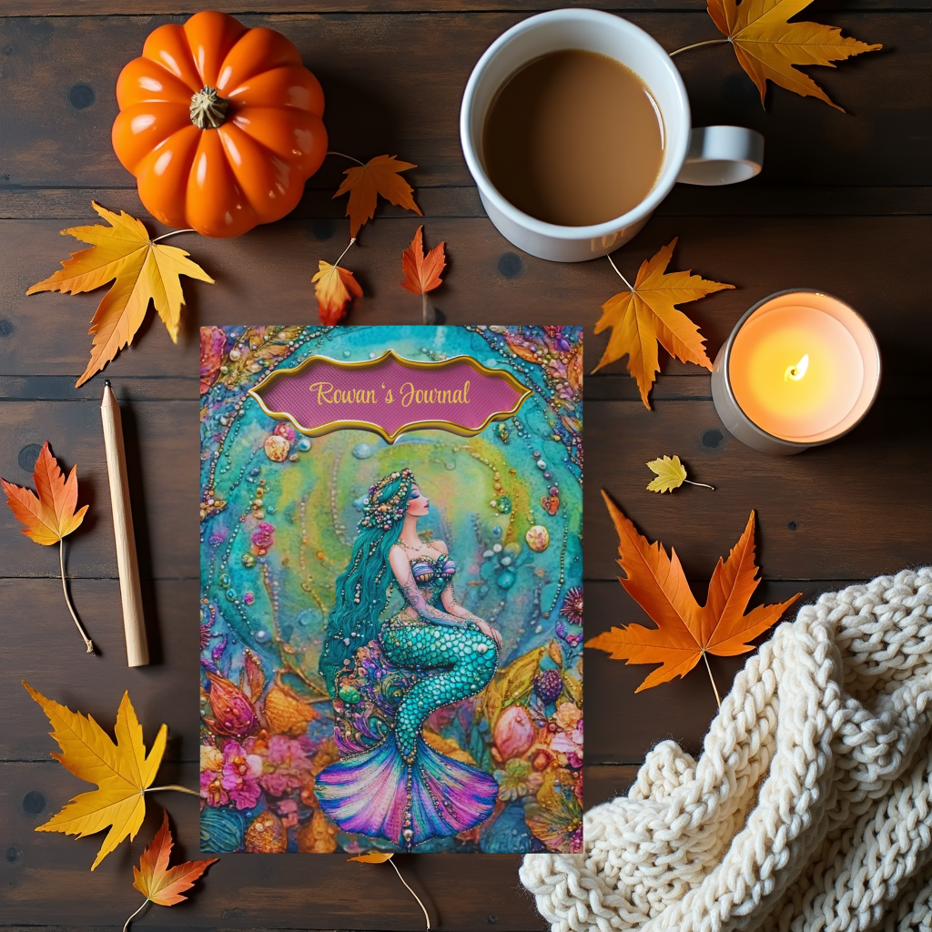 Beaded Mermaid Journal – Boho Ocean Fantasy Notebook, Coastal Writing Gift, Embossed-Look Sea Goddess Diary with Teal & Gold Accents