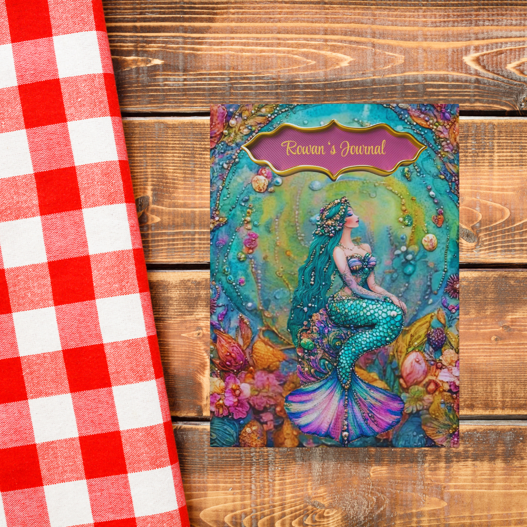 Beaded Mermaid Journal – Boho Ocean Fantasy Notebook, Coastal Writing Gift, Embossed-Look Sea Goddess Diary with Teal & Gold Accents