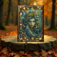 Decorative box with a fantasy design featuring a woman's face, surrounded by nature elements, on a stone surface with autumn leaves.
