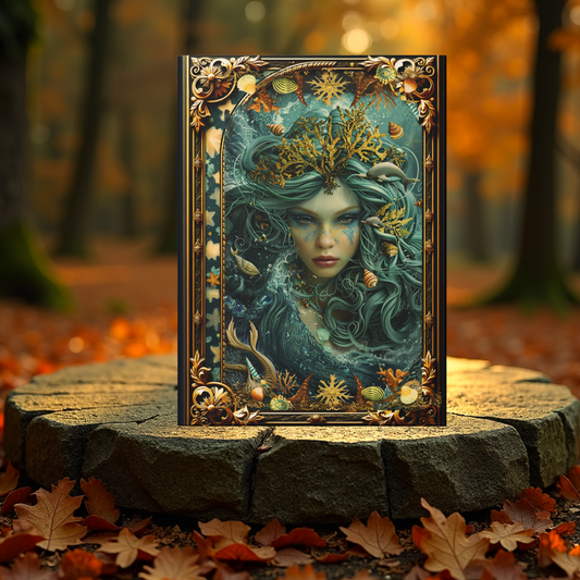 Decorative box with a fantasy design featuring a woman's face, surrounded by nature elements, on a stone surface with autumn leaves.