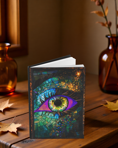 Notebook with a colorful eye design on a wooden surface