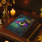 Decorative notebook with a colorful eye design on a wooden surface with candles and flowers.