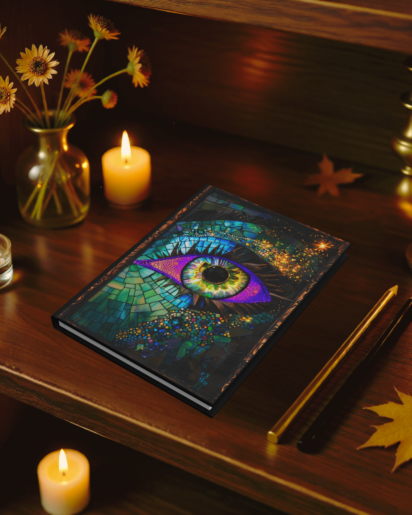 Decorative notebook with a colorful eye design on a wooden surface with candles and flowers.
