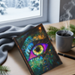 Colorful eye design notebook on a table with a cup of coffee and Christmas decorations.