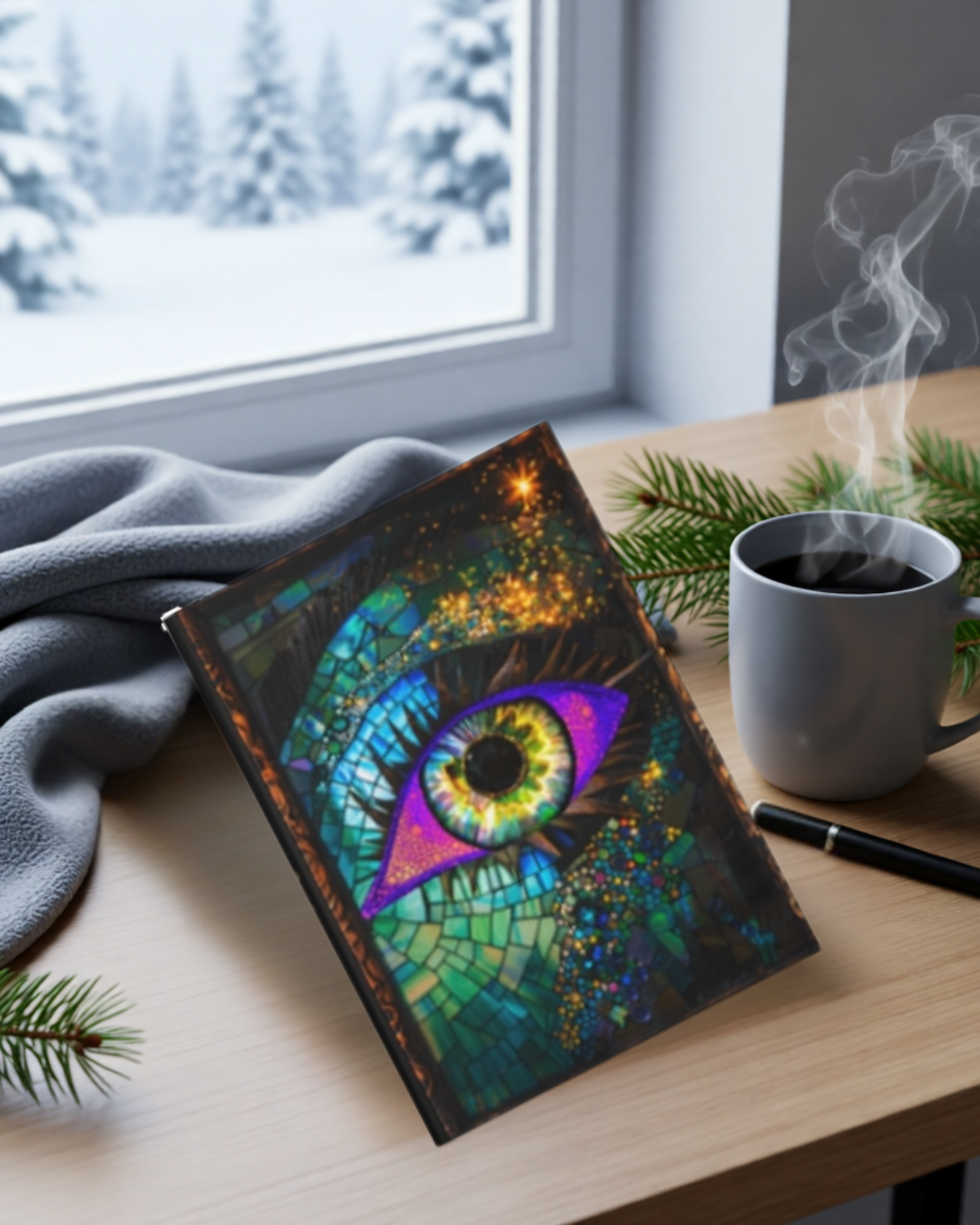 Colorful eye design notebook on a table with a cup of coffee and Christmas decorations.