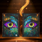 Two colorful eye-themed notebooks with a glowing spiral in the background