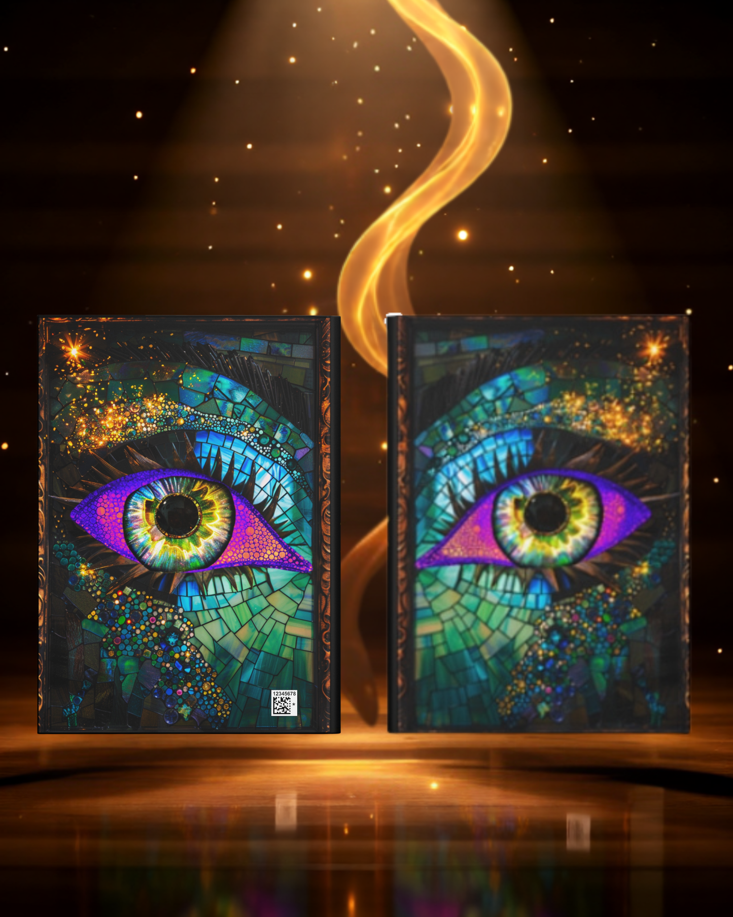 Two colorful eye-themed notebooks with a glowing spiral in the background