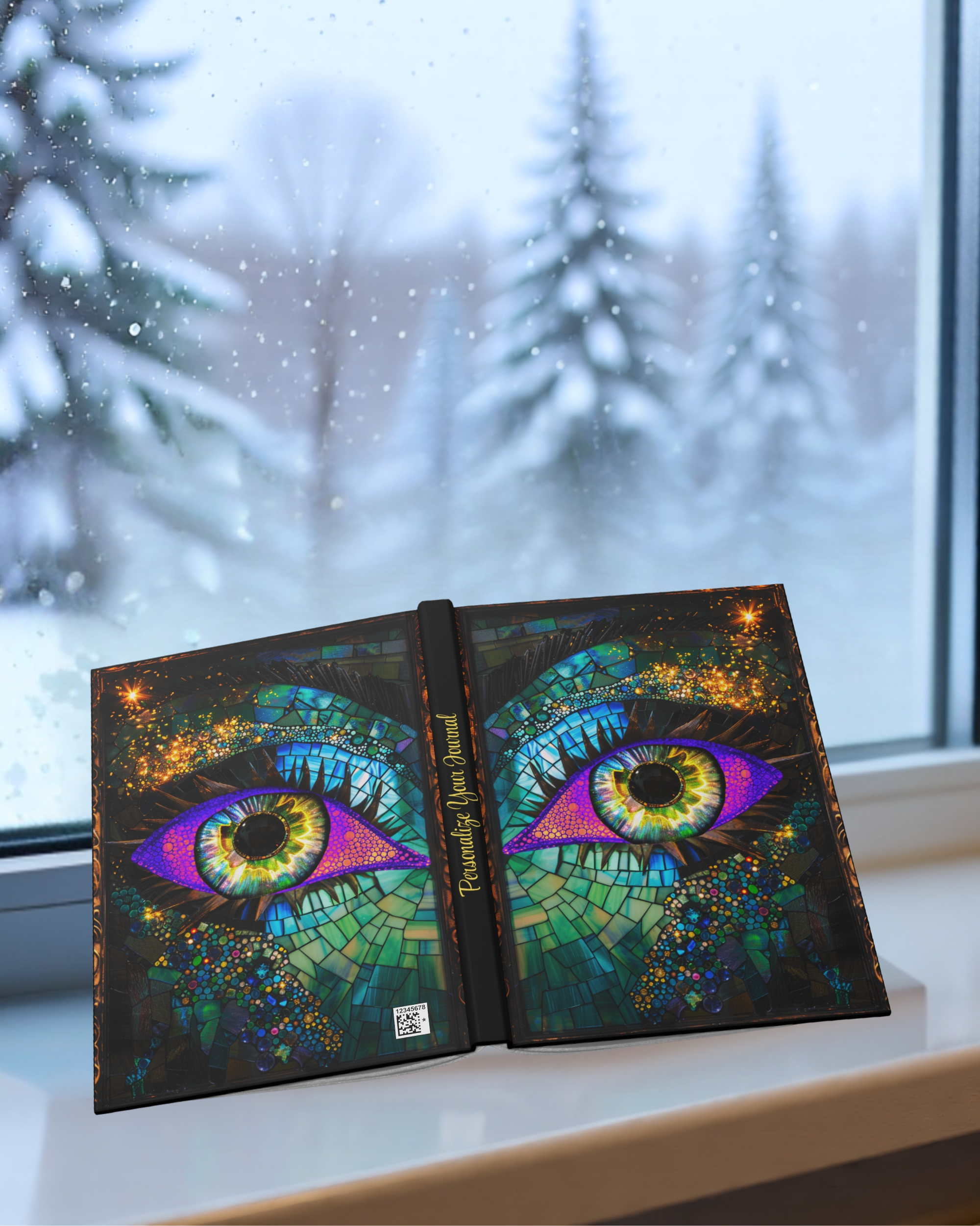 Open book with colorful eye design on a windowsill with a snowy outdoor view.