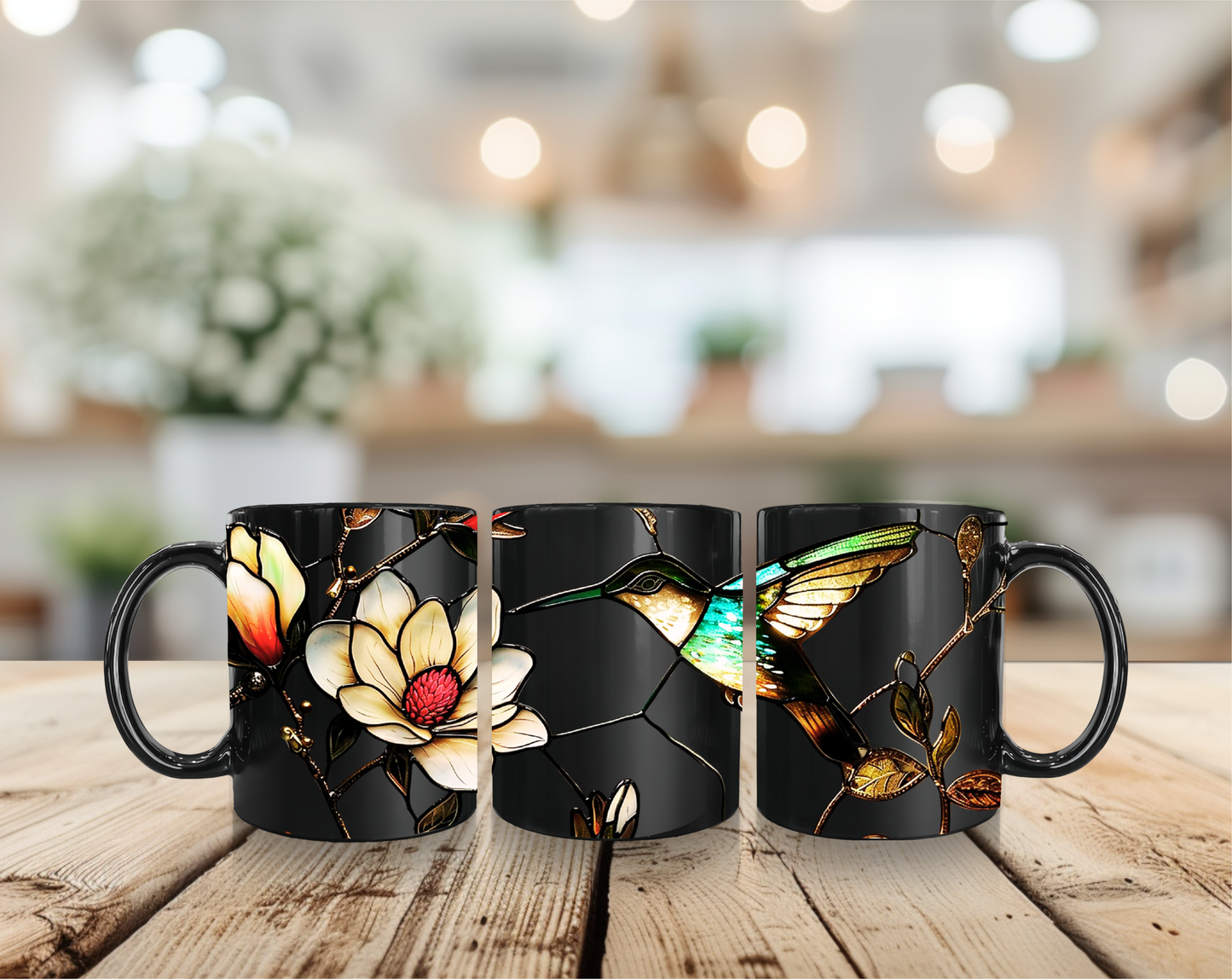 Stained Glass Look Hummingbird – Black Ceramic Mug