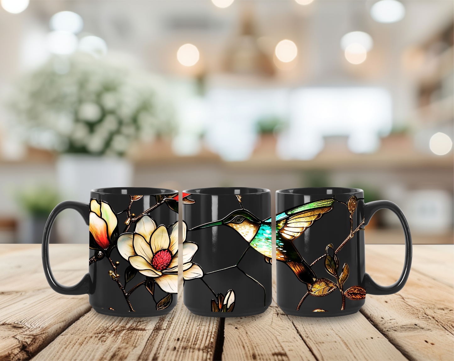 Stained Glass Look Hummingbird – Black Ceramic Mug