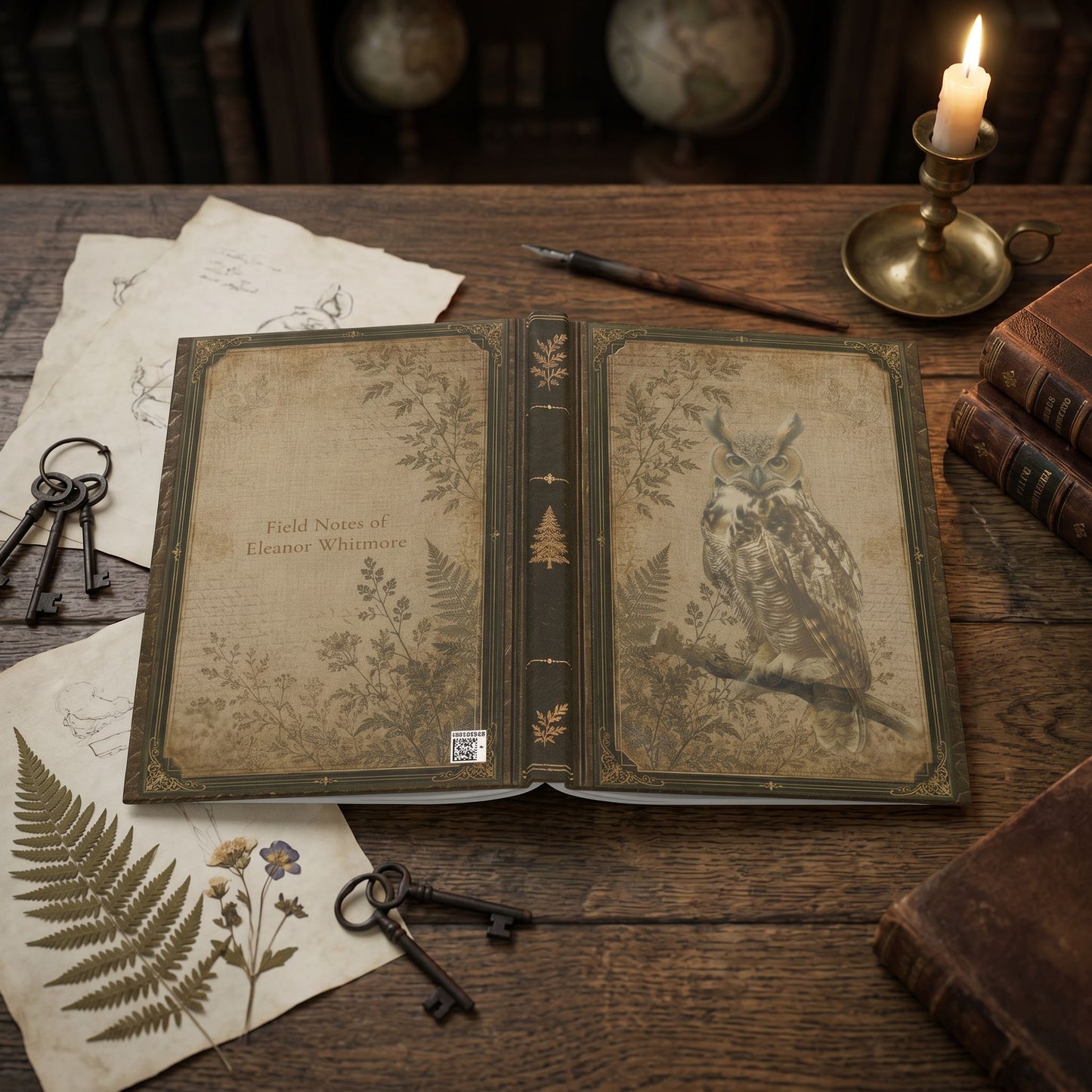 Woodland Owl Journal – Personalized Vintage-Inspired Botanical Hardcover Notebook