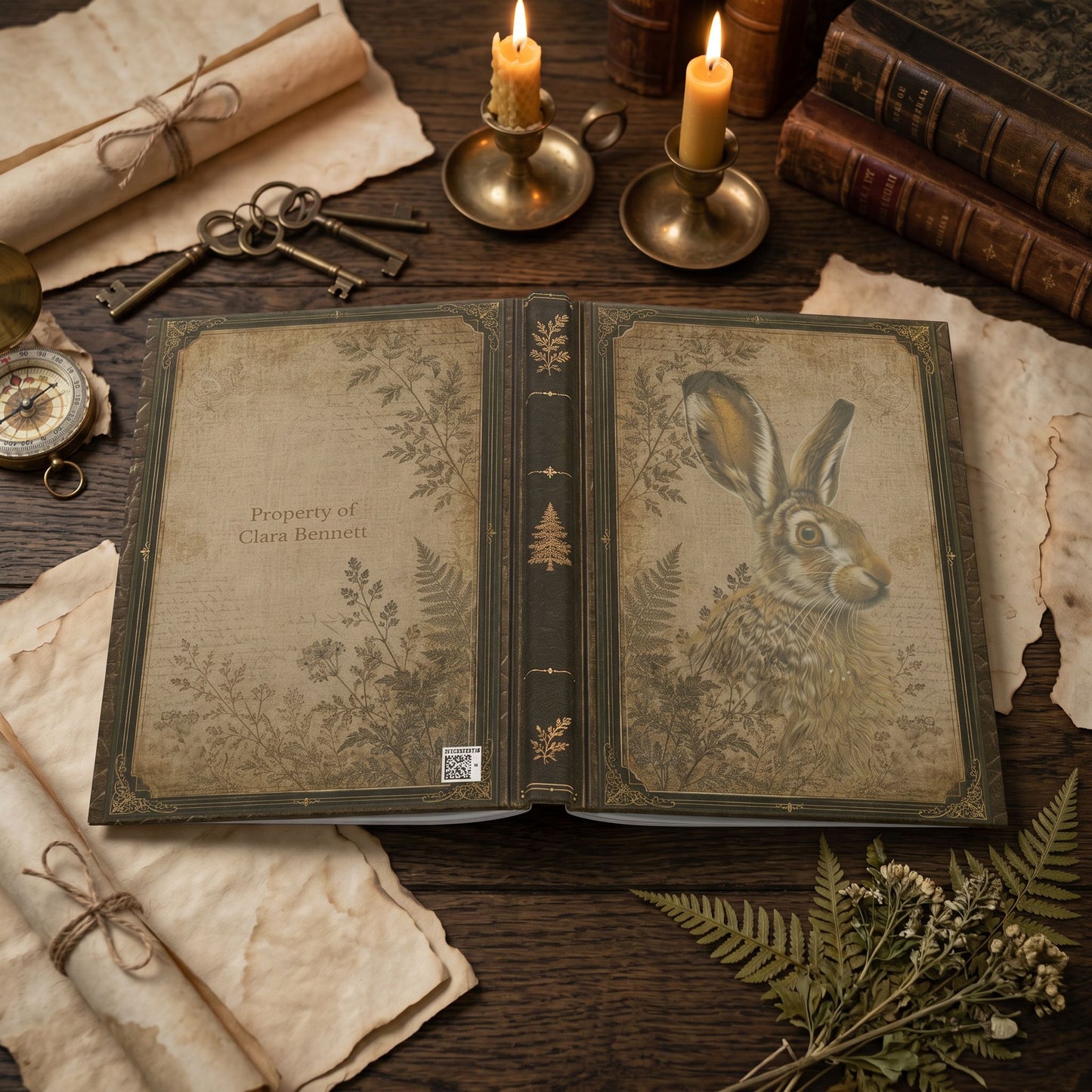 Woodland Hare Journal – Personalized Vintage-Inspired Botanical Hardcover Notebook