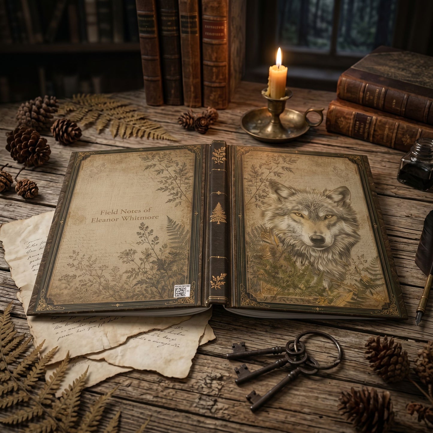 Woodland Wolf Journal – Personalized Vintage-Inspired Botanical Hardcover Notebook