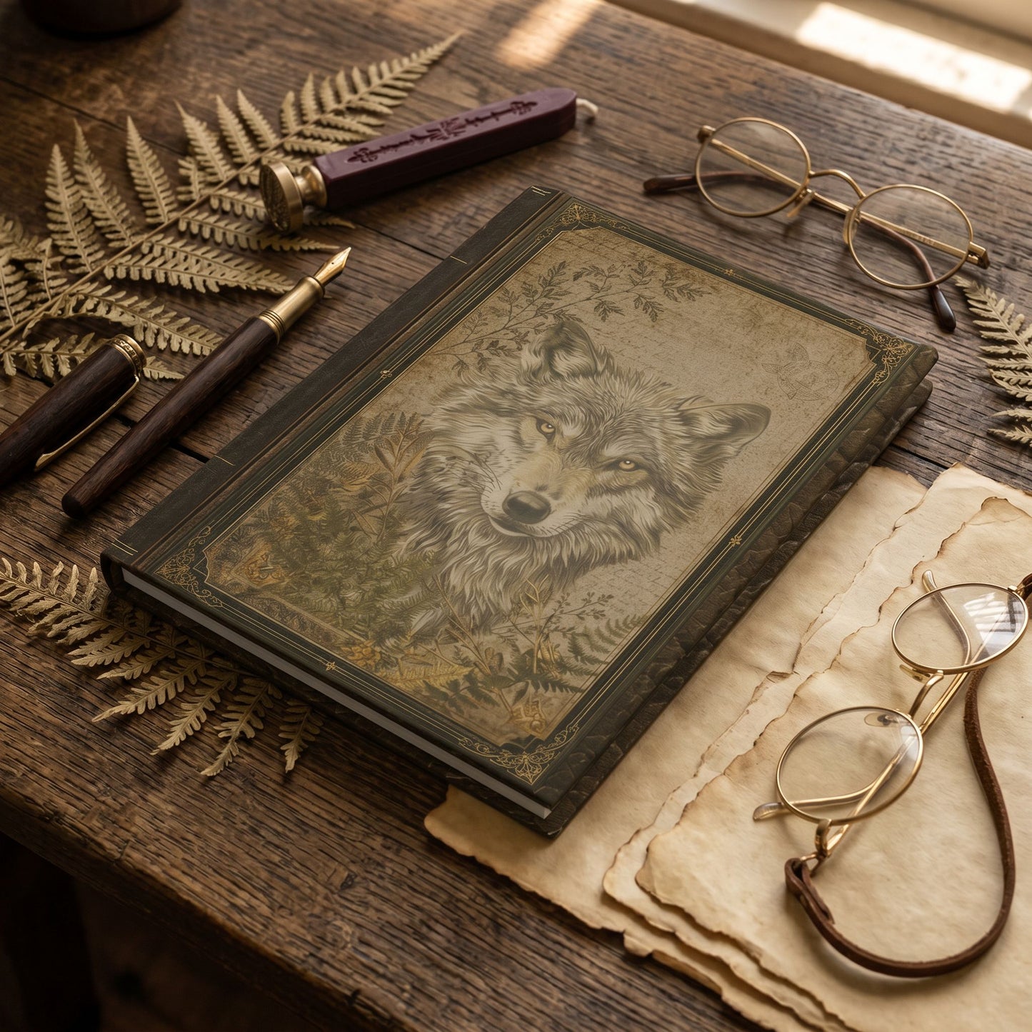 Woodland Wolf Journal – Personalized Vintage-Inspired Botanical Hardcover Notebook