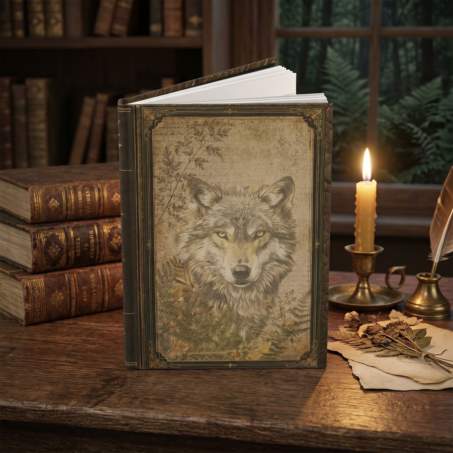 Woodland Wolf Journal – Personalized Vintage-Inspired Botanical Hardcover Notebook