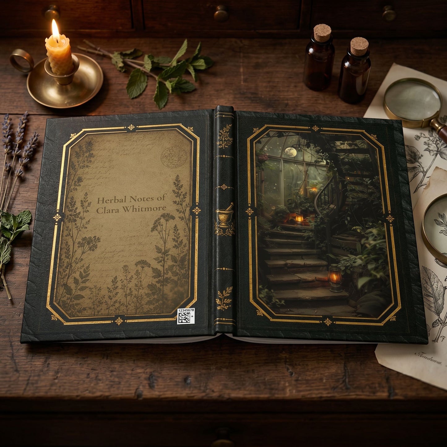 Apothecary Moonlit Stairway Journal – Personalized Vintage-Inspired Botanical Hardcover Notebook