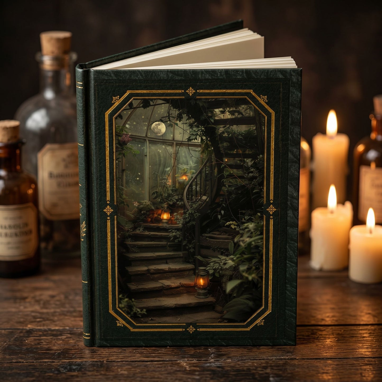 Apothecary Moonlit Stairway Journal – Personalized Vintage-Inspired Botanical Hardcover Notebook