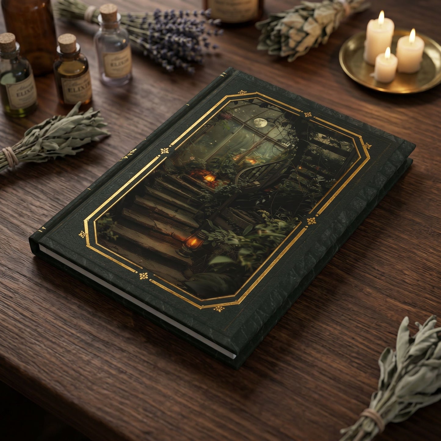 Apothecary Moonlit Stairway Journal – Personalized Vintage-Inspired Botanical Hardcover Notebook